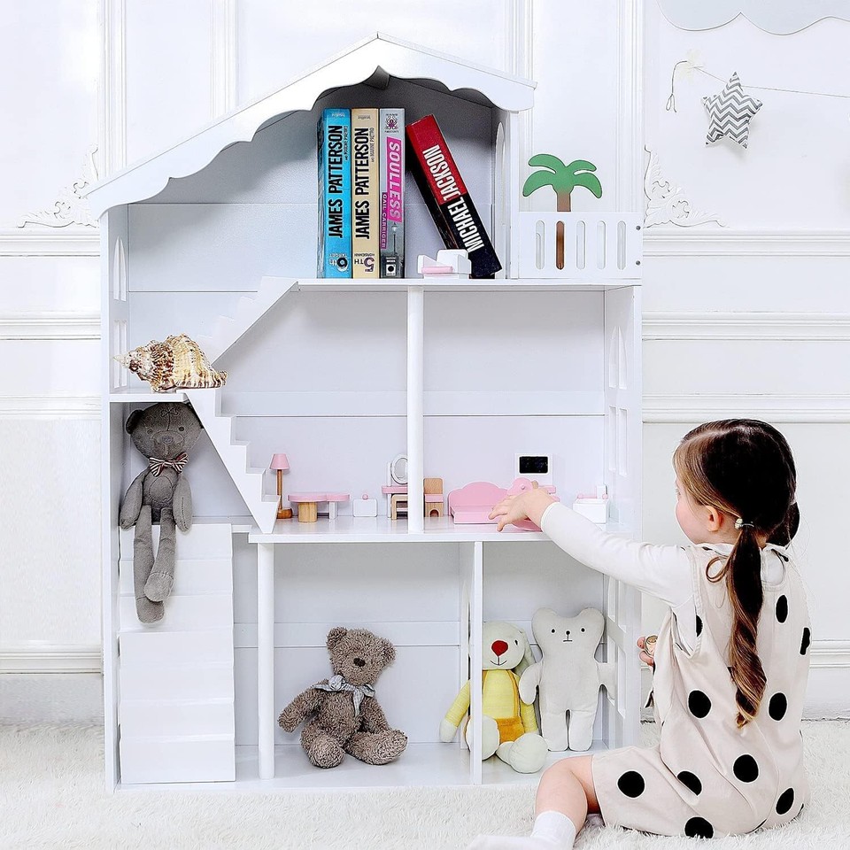 Large Doll House Kids Playhouse 3Storey Book Case Toy Storage