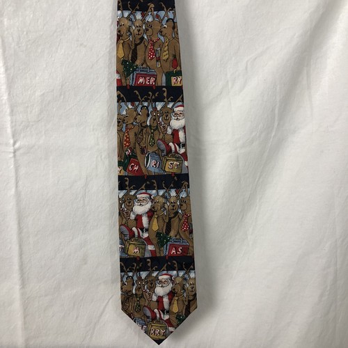 Merry Christmas Santa Clause & Reindeer Mens Tie Red & White 100% SILK Pre Loved - Picture 3 of 11