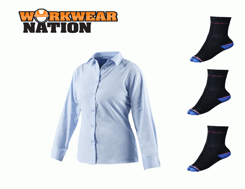 Dickies Ladies Long Sleeve Oxford Work Shirt,Embroidery Logo Blue FREE SOCKS