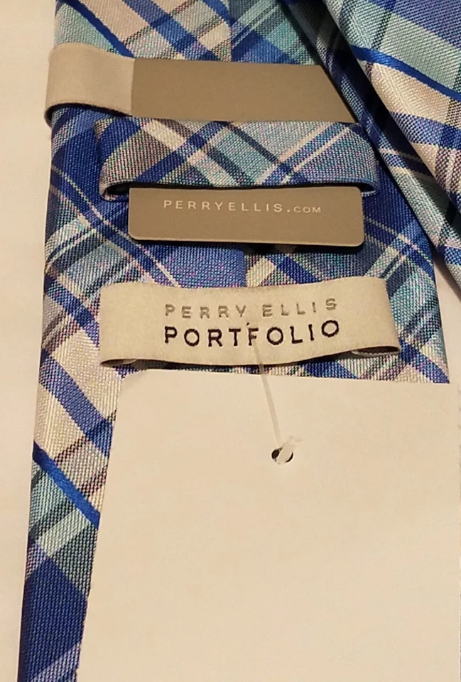 Nueva corbata a cuadros azul y blanca de mezcla de seda PERRY ELLIS para hombre Foto 3 de 4