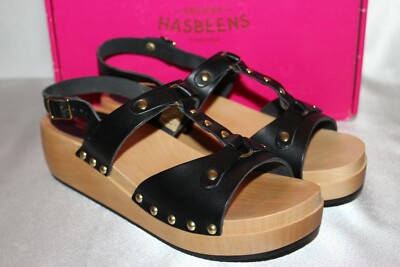 NEW! NIB! SWEDISH HASBEENS Black Leather RIVET Open Toe Wood Clog EU 37 38 $220