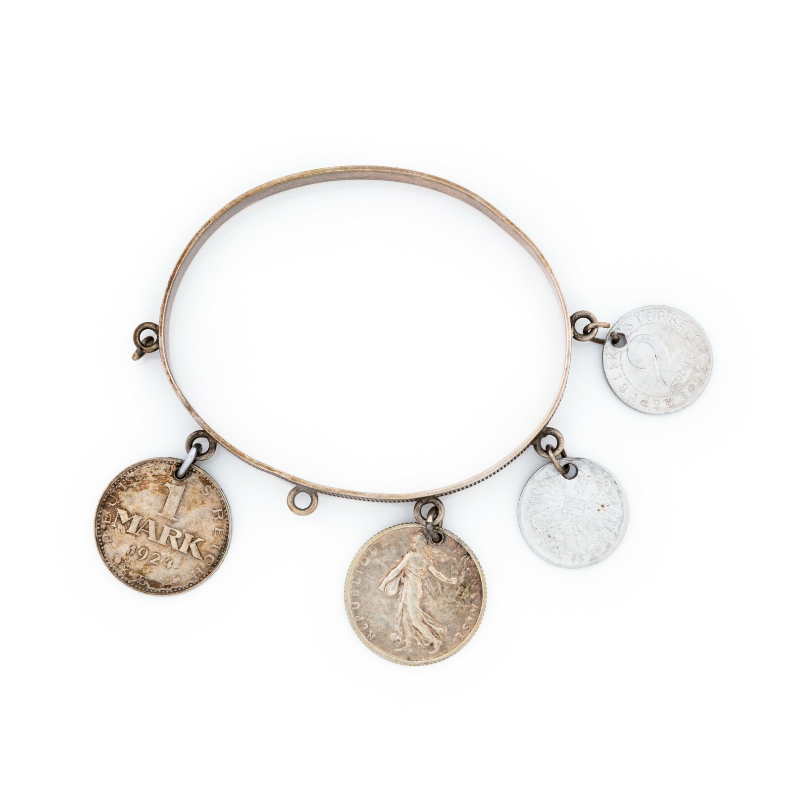Antique Vintage Deco Mid Century Sterling Silver Souvenir Coin Bracelet