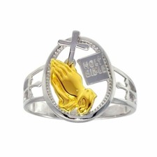 Sterlingsilber Kreuz & Bibel Ring W/Gelb Vergoldet Betende Hände