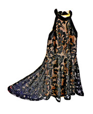NWT Lace Black Evening Fitted Flare Cocktail Dress Size Junior M Open Back Lined