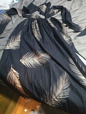Women's Black Beige Leaf Print Maxi Dress Cut-Out V-Neck Long Sleeve M