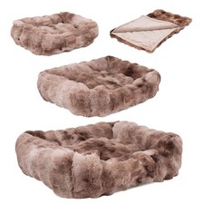 Faux Fur Pet Beige Reversible Blanket or Small Medium Large Non-Slip Cushion Bed