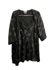 Vtg California Dynasty 2pc Satin Robe Nightgown Set Women  s XL Black Floral USA