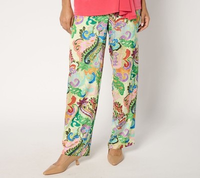 Susan Graver Women's Pants Sz M Printed Satin Wide-Leg Multi-colored A677202