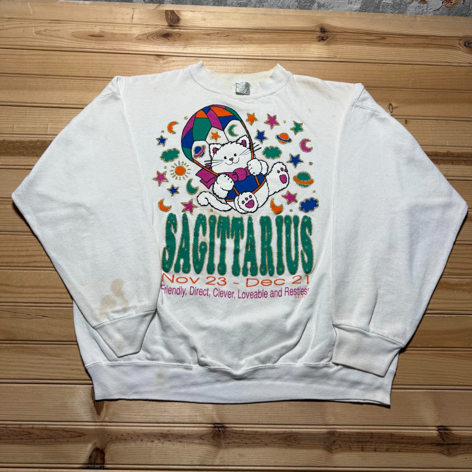 Vintage 80s Sagittarius Zodiac Cat Glitter Graphic Crewneck Sweatshirt Men's XL