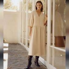 Everlane Tencel The Puff Sleeve Midi Dress Cream Beige White Size M