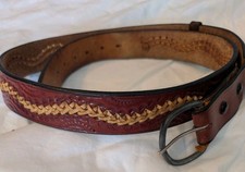 Vintage Tooled Leather Western Belt Braided Lace Inlay Oxblood Brown Sz 42 Snap
