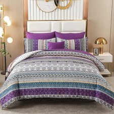 Boho Comforter Set Size,8 Piece Bed in a Bag Bohemian Striped Queen Purple