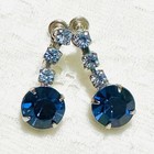 Nice Vintage Light & Dark Blue Rhinestone Dangle Screw Back Earrings U129