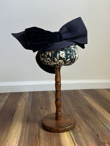 1930s 40s Vintage Dramatic Large Bow Tilt Hat Velvet Navy Coralie California