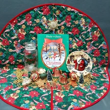 Christmas Lot Mixed Items-Tree Skirt, Ornaments, Book & Cookie Plate