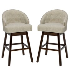 Set of 2 Swivel Bar Stools Tufted Bar Height Pub Chairs w/ Rubber Wood Legs