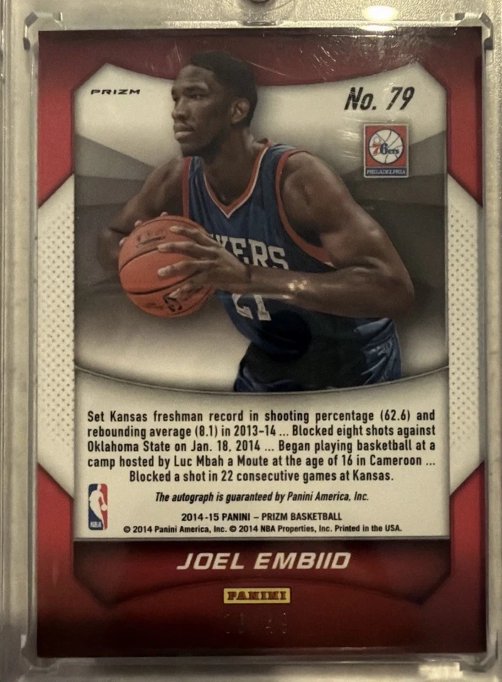 2014-15 Panini Prizm Autographs Joel Embiid #79 Purple Pulsar Prizm /49 (AU, RC) - Image 3 of 3