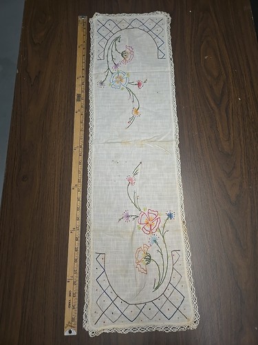 Vtg Floral Hand Embroidered & Hand Crocheted Dresser Scarf Table Runner 36.5 in.