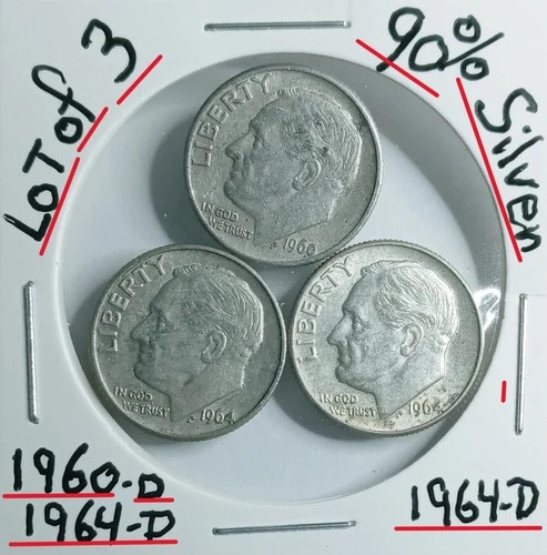 Roosevelt Dime 90% Silver Lot of 3 VG Condition 1960-D1964-D1964-DLook @ & Judge