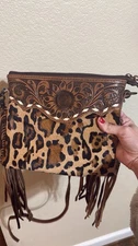 Western Leopard Animal Print Fringe Tooled Leather Women's Crossbody Bag