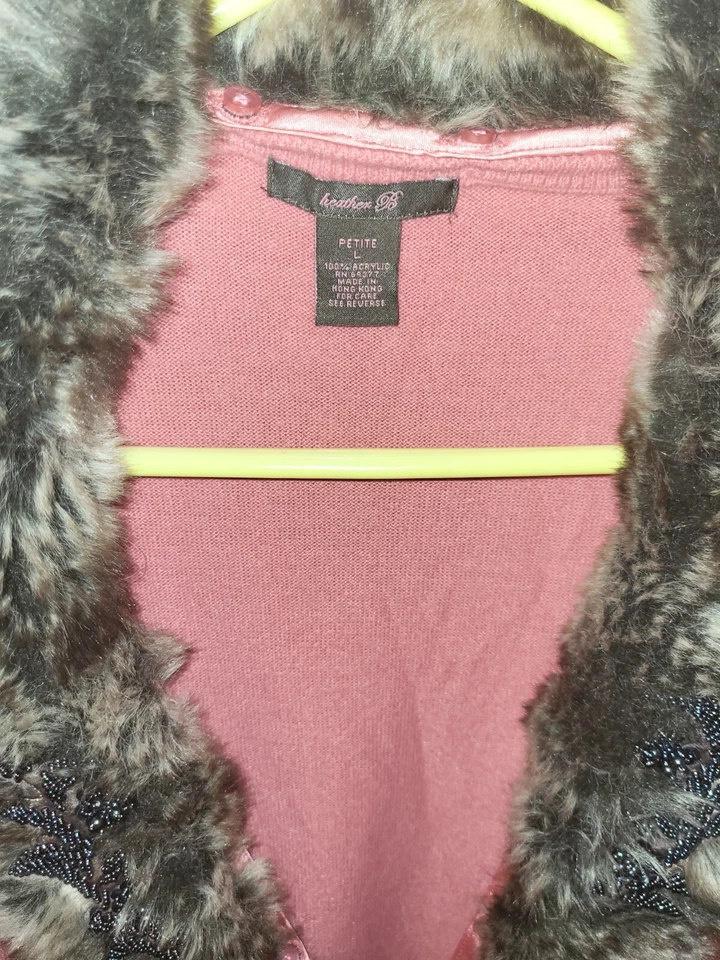 Cardigã HEATHER B removível pele sintética colarinho enfeitado suéter rosa feminino G P - Imagem 3 de 4