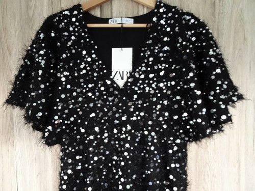 ZARA BLACK TEXTURED V-NECK LONG DRESS WITH SEQUIN & BEAD DETAILS SIZE S UK 8 10 - Picture 16 of 23