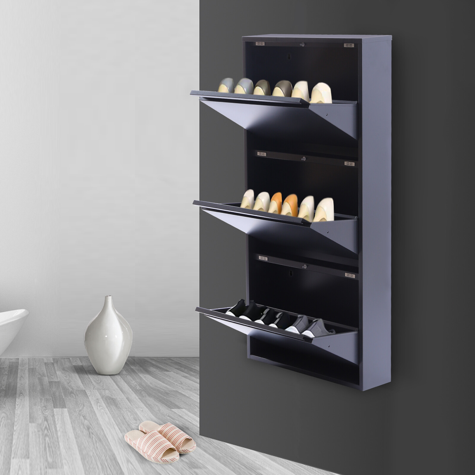 Wall Mounted 3 Drawer Metal Shoe Storage Cabinet - No Assembly Needed