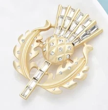 Scottish Gold Color Thistle Pin with Clear Rhinestones