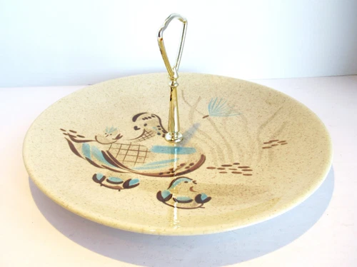 Vintage Red Wing Ceramic Tidbit Plate Tray Bob White Pattern Handle Birds Blue