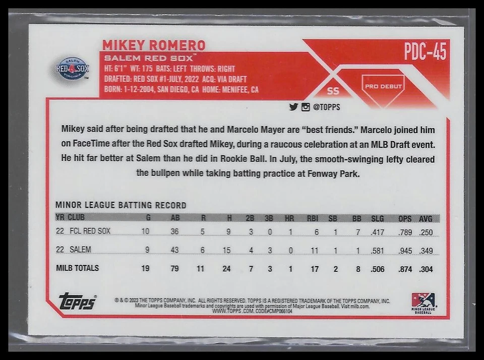 2023 Topps Pro Debut Chrome #PDC-45 Mikey Romero Salem Red Sox - Image 2 of 2