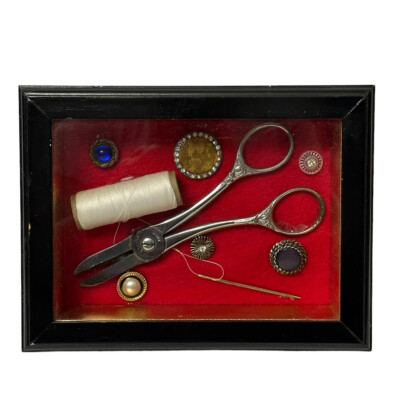 Vintage Handmade  Black Shadow Box With Antique Sewing Scissors And Buttons