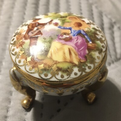 Antique Limoges France  Hand Painted Footed Lidded Trinket Box Labeled No Hinge