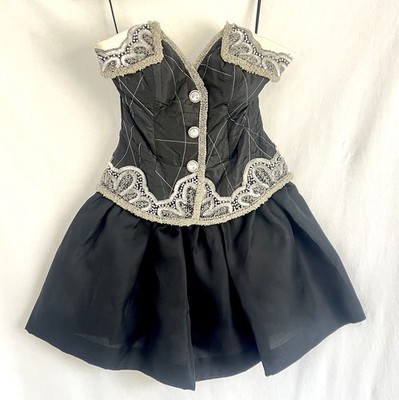 Simon Fabrice Couture VTG 80s Beaded Silk Corset Dress Rhinestone Buttons