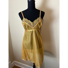 Vintage Victoria  s Secret Sheer Lace Gold Slip Nightgown Dress Medium