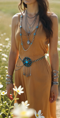 Women Western Bohemian Belt Rustic Gold Metal Chain Turquoise Flower Charm S M L - Foto 6