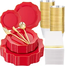 WDF 175Pcs Red Plates - Red Plastic Plates with Gold Rim - Fancy Disposable Dinn