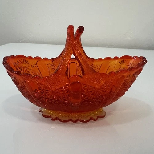 Fenton Glass Split Twig Handle Daisy & Button Amberina Basket