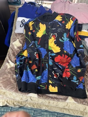 Reason Mens Black Floral Bomber Jacket Full Zip Logo Zipper Size L