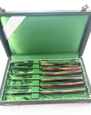 Vintage H&F Lauterjung Solingen Germany 6 Steak Knives Faux Horn Boxed Set