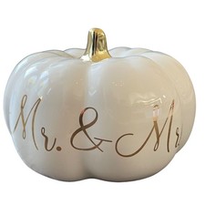 Martha Stewart MR.  MRS. Ceramic Pumpkin White Gold Stem Small Fall Decor NEW