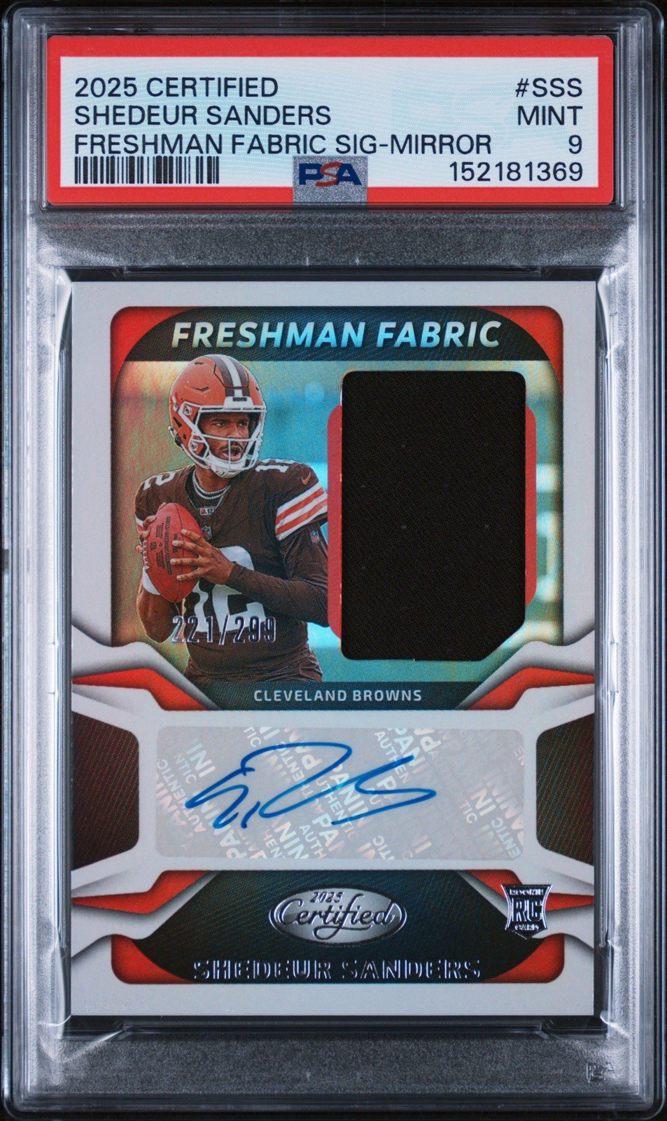 2025 Panini Certified Shedeur Sanders Freshman Fabric Mirror Auto RC /299 PSA 9