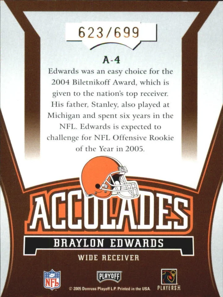 2005 Playoff Honors Accolades #A4 Braylon Edwards/699 - FB - Image 2 of 2