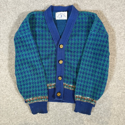Vintage Kitestrings Knit Cardigan Sweater Blue Houndstooth Gold Buttons Youth 8