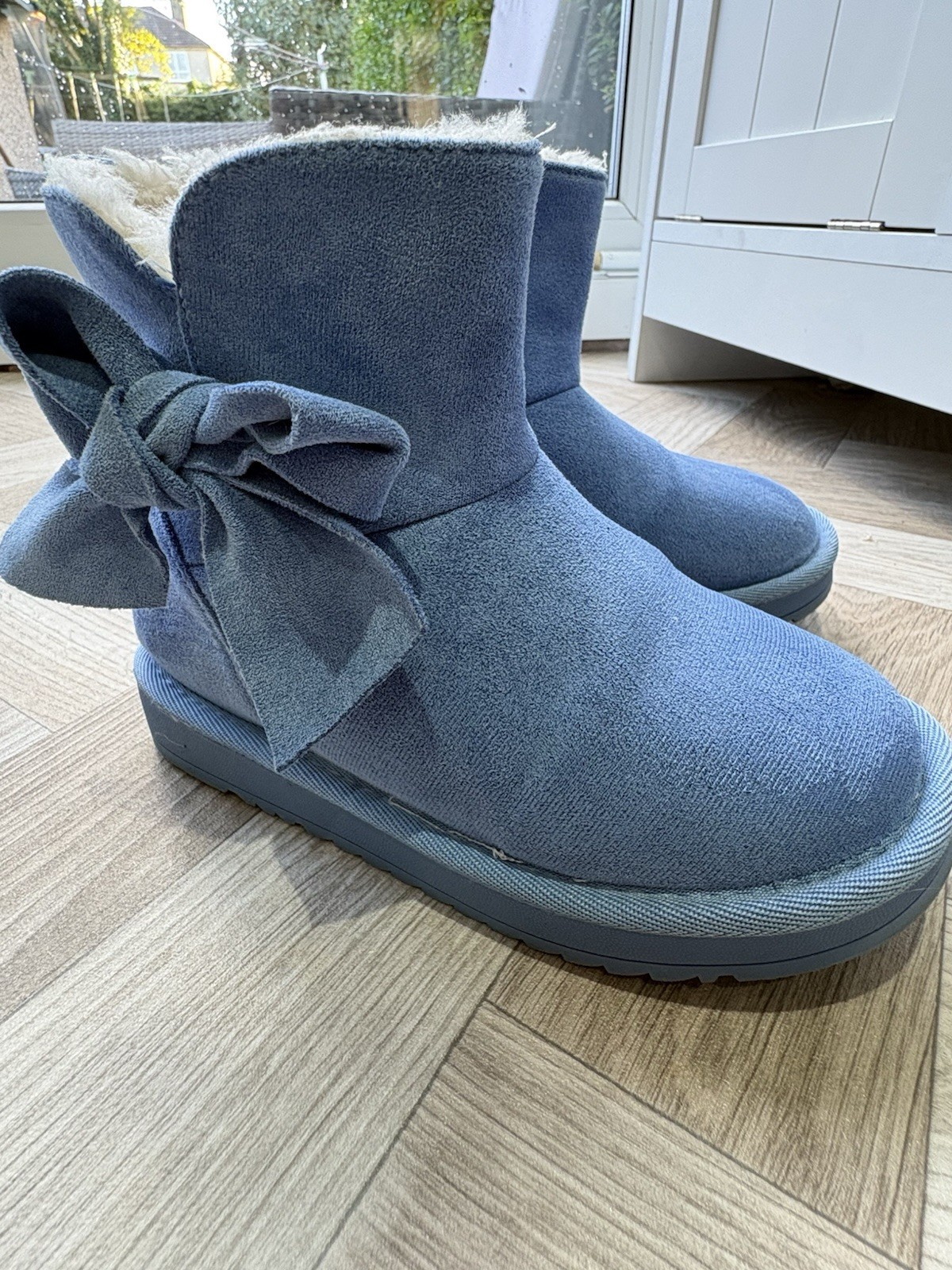 A*Dee Blue Suede Ankle Bootie UK 1 Pull On Faux Fur Lined Bow Flat