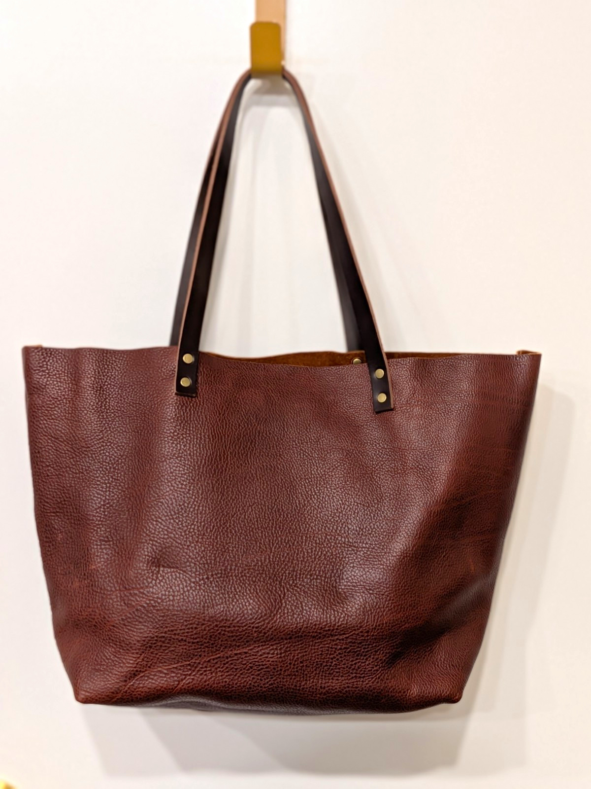 Portland Leather Goods Brown Pebbled Tote Open Top Outer Pockets Rivets
