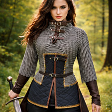 Medieval 9MM Chainmail Half Hauberk   Flat Riveted Armor with Brass Trim