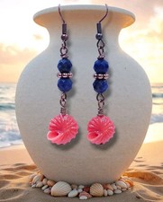 Antique Copper Sodalite & Coral Shell Gemstone Earrings Rustic Dangle