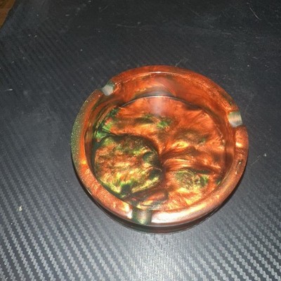 Vintage MCM  Ashtray Glossy Glaze Orange Brown Green Swirl