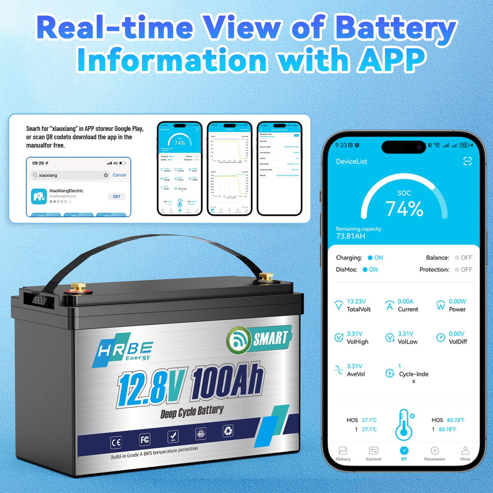 12V 100Ah LiFePO4 Lithium Battery Bluetooth monitoring For RV Solar Marine Panel