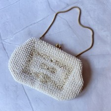 Vintage 1960s Hong Kong White Beaded Evening Bag Purse Kiss Lock Clutch Wedding